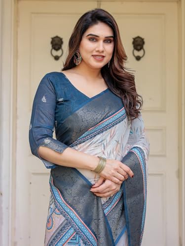 Image of ALMAARI FASHION Floral Printed Cotton Saree for Women with Handloom Zari Weave, Traditional Lightweight Ethnic Saree for Wedding Festive Office Party with Blouse Piece (LINEN 81-90 SH)