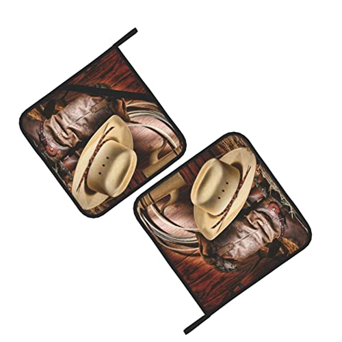 Cowboy Black Hat Western Boots 2 Pack Pot Holders For Kitchen Heat Resistant Pot Holders Sets Oven Hot Pads Pot Holders For Cooking Baking (8 * 8 Inches) #TOP2