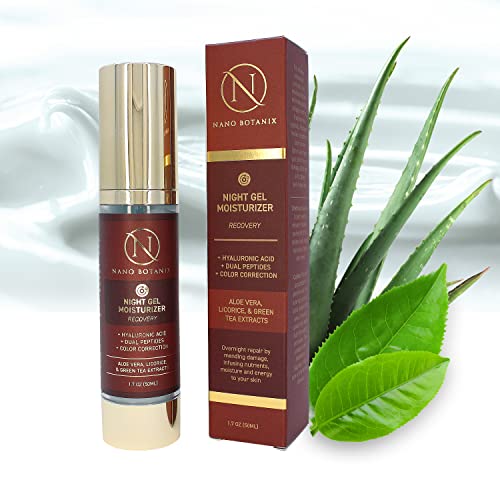 Nano Botanix | Recovery Night Gel Moisturizer - with Hyaluronic Acid, Dual Peptides, and Color Correction - plus Aloe, Licorice, and Green Tea Extracts - Recover and Repair - 1.7 OZ (50mL)