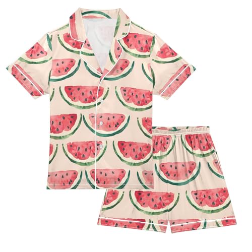 ALAZA Watercolor Watermelon Stylish Satin Pajamas Set Short Sleeve Button Down Sleepwear Summer Pjs 2 Piece