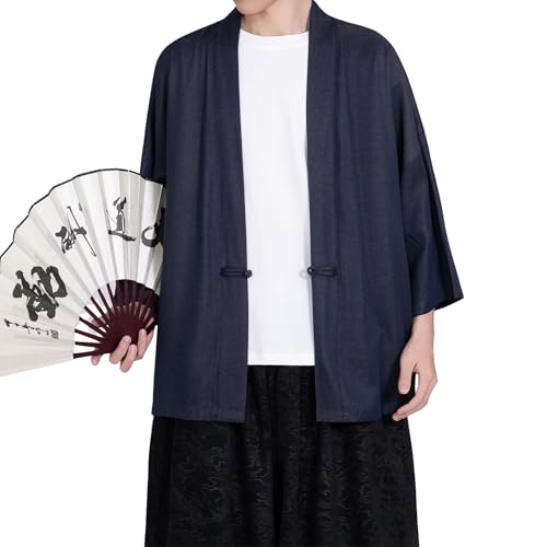 Image of PRIJOUHE Men's Kimono Jackets Cardigan Casual Cotton Blends Linen Seven Sleeve Open Front Embroidery Coat