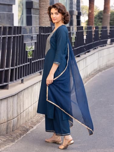 Image of ANNI Designer Women's Ruby Cotton Embroidered Straight Solid Kurta with Palazzo and Dupatta Set | Elegant Ethnic Kurta Set for Women | Comfortable Traditional for Office, Daily and Festive Use