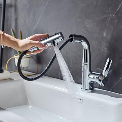 LakeBayMZC Rubinetto per lavabo con rubinetto estraibile, miscelatore monocomando per bagno con 3 tipi di getto d'acqua, cromato