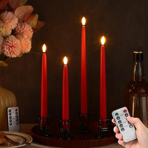 Image of Rossesay 16 Pcs Red Flameless Taper Candles Battery Operated Candles with Remote Timer 8.5 inch 9.6 inch 10.8 inch 12.8 inch LED Flameless Flickering Candlestick for Halloween Christmas Wedding Party Decor