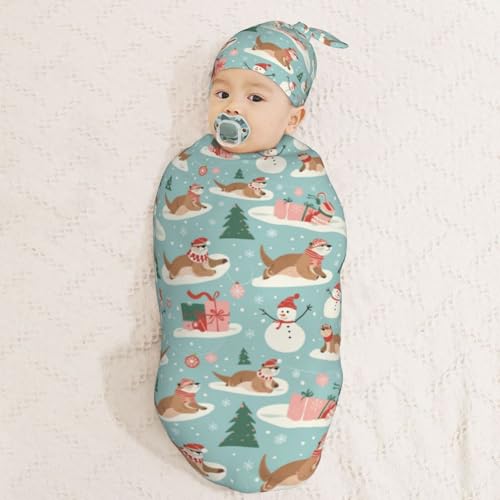 Image of Winter Otters and Snowmen Newborn Swaddle Blankets Hat Sets Soft Baby Receiving Blanket Swaddle Sack for Baby Shower Infant Boy Girl Gift