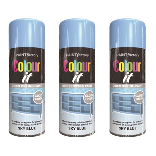 Image of Paint Factory Colour It Sky Blue Quick Drying Spray Paint, Gloss Finish, 400ml, Pack of 3