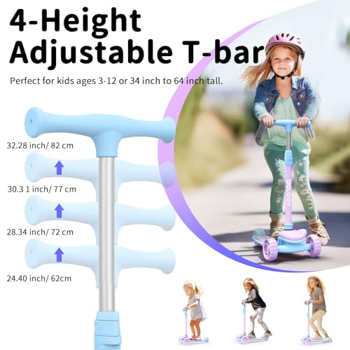 BELEEV Scooter for Kids Ages 3-12, 3 Wheel Folding Scooter for Toddlers Girls Boys, PU LED Light-Up Wheels, 4 Adjustable Height, Lean to Steer, Three Wheel Kick Scooters for Children (Purple)