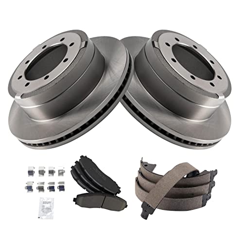 Image of TRQ Rear Brake Pad & Rotor Kit Parking Brake Shoe Set Ceramic Compatible with 2013-2019 Ford F-350 Super Duty 2013-2014 F-450 Super Duty