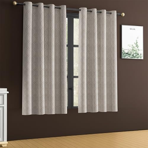 Image of Yellow Weaves 2 Pcs Jacquard Oval Eyelet Window Curtain - Perfect for Home, Office, Bedroom, Living Room & Balcony - 5 Feet (Beige)