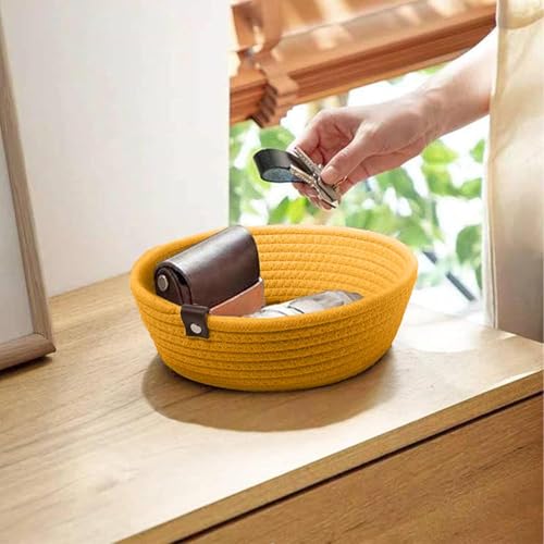 Image of Handmade Jute Cotton Storage Baskets Set of 3 for Dining Table, Fruit Basket & Roti Bowl, Cane Style Organizer for Kitchen, Home Decor, Washable Multipurpose (Mustard)
