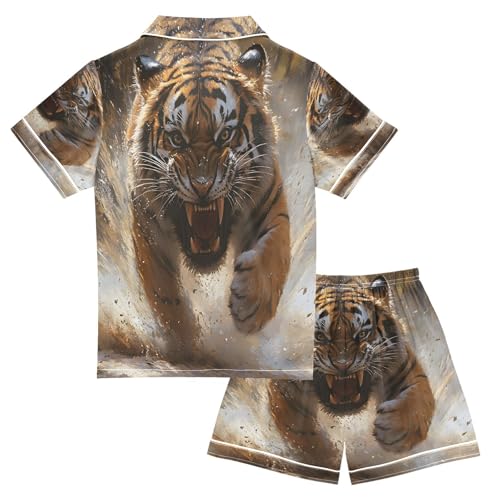 senya Pajama Sets Silky Button Down Nightwear Sleepwear Size 5-14 Years Angry Running Tiger2