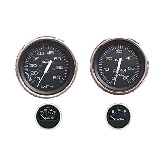 FARIA BEEDE KTF004 Chesapeake Stainless Steel Outboard 4-Gauge Boxed Set - Speedometer/Tachometer/Fuel Level/Voltmeter, Black
