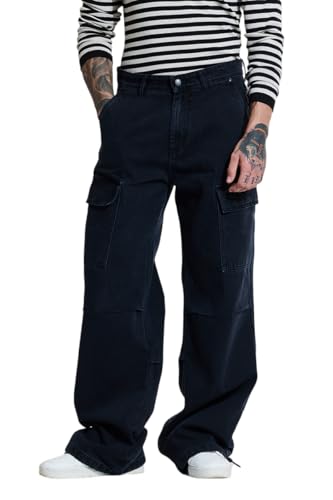 Image of SNITCH Men Cargo Pants | Loose Fit Mid Rise with Adjustable Drawstring Hem & Utility Pockets | 100% Cotton Twill Fabric for Casual & Streetwear Styling