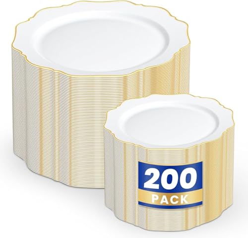 WDF 200PCS White and Gold Plastic Plates - Gold Plastic Plates - Include 100 Dinner & 100 Dessert Disposable Party Plate - Fancy Disposable Plate for Wedding/Baby Shower/Spring