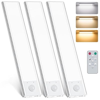 Under Cabinet Lighting, Motion Sensor Light Indoor with Remote Control, Rechargeable 2500mAh Closet Lights Wireless, 3 Color Temps & Adjustable Brightness Under Counter Lights for Kitchen (3)