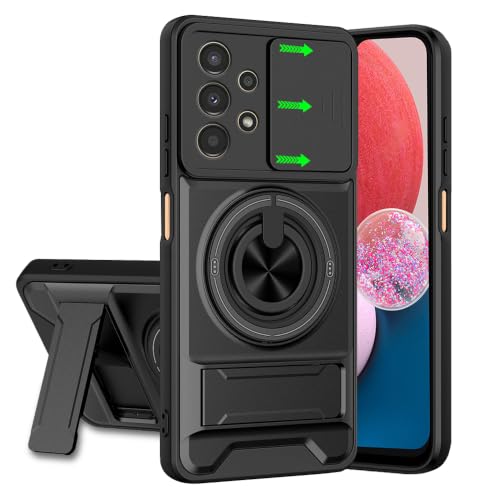 Image of Samsung A13 Back Cover | Armor Camera Slider 360 Degree Rotating Finger Ring Holder Case with Bracket Stand Back Case Cover (Compatible with MagSafe Accessories) (Black)