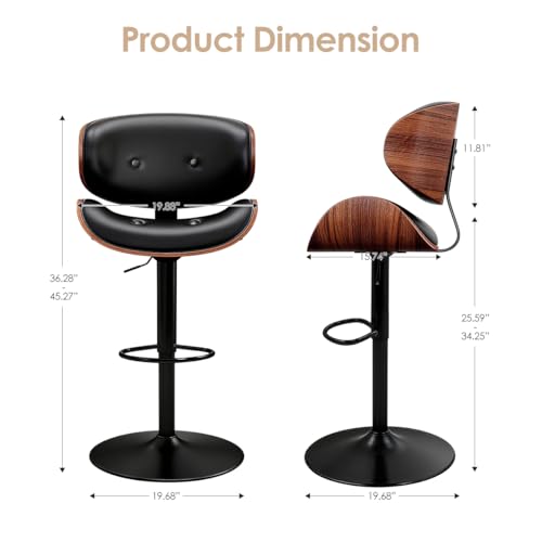 Image of Adjustable Swivel Bar Stools Chair,Counter Height Bar Stools with Back,350 LBS PU Leather Bar Stool for Kitchen Island,Upholstered Pub Stools with Footrest (Black, Set of 5)