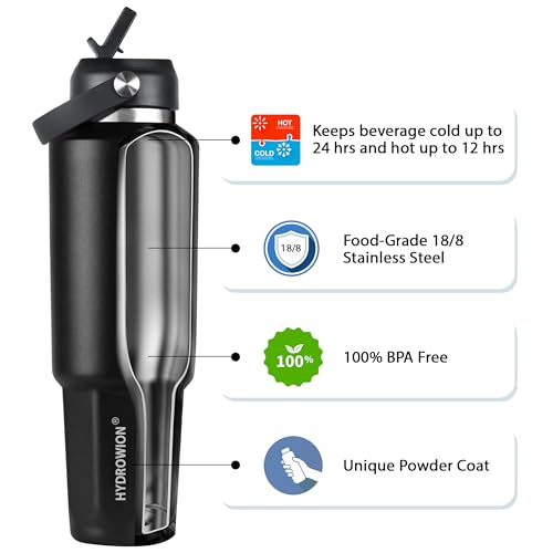 Image of HYDROWION 32 oz Insulated Water Bottle, Car Water Bottle Holder - Double Wall Vacuum Insulated Travel Bottle with Straw Lid, Spout Lid and Flex Cap - Cold for 24H, Hot for 12H, Black