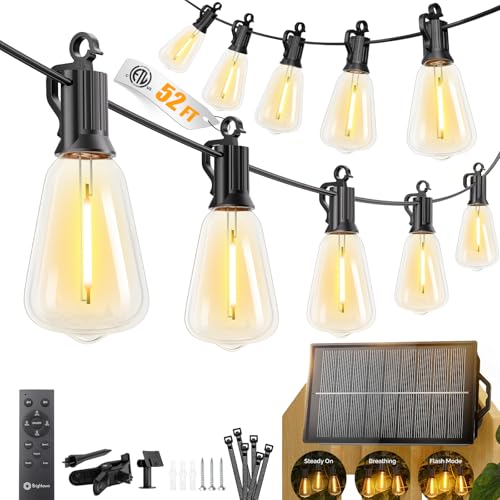 Brightown 52FT Solar String Lights Outdoor Waterproof, Patio Lights with Remote and 15+1 LED Shatterproof Bulbs, Dimmable & Timable, 3 Light Modes, Solar Lights Outdoor for Yard Garden Camping Party