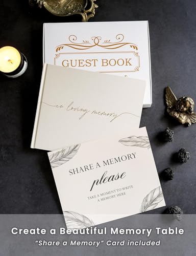 Image of Funeral Guest Book for Memorial Service, in Loving Memory 9x7.5 | 320 Entries, Table Sign Card Included, Gold Stamping, Twill-Textured Paper Cover, Celebration of Life Keepsake, Beige