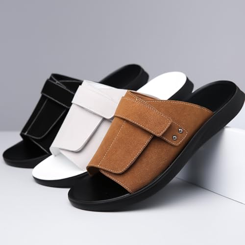 Men'S Leather Flat Summer Casual Driving Slippers Comfortable Round Toe Soft Sole Non-Slip Slip-On Beach Fashion Slippers3