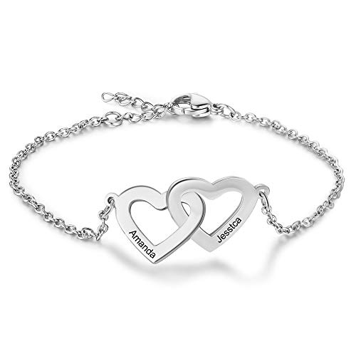 Lam Hub Fong Bracelet Personnalisé Femme 2 Prenom Coeur Argent 925 Bracelets Amitié Mere Fille Bijoux Cadeau pour Anniversaires Fête des Mères Noël (Style 1)