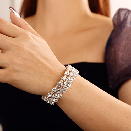 Yertter 3-Row Vintage Silver Full Crystal Stretch Bangle Bracelet Glitter Wrap Cuff Bridal Crystal Bangle Bracelet Wedding Jewelry Gift For Women Girls (Style D -Silver) #TOP1