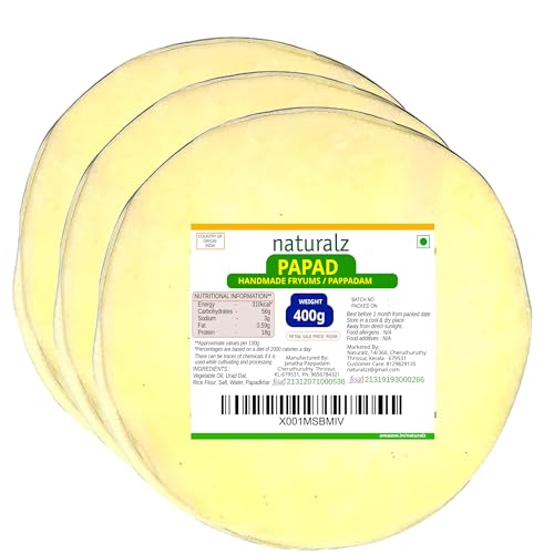Image of Naturalz Kerala Authentic 4.5 Inch Handmade Pappadam - Traditional Urad Dal Fryums (400g, Approx. 64-68 Pieces) - No Artificial Preservatives (Pack of 3)
