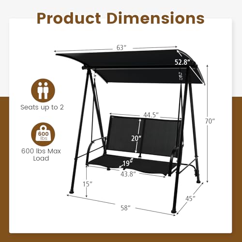 Image of HAPPYGRILL 2-Person Outdoor Swing with Canopy, Patio Porch Swing Chair with Heavy-Duty Metal Frame, Breathable Seat Fabric, Patio Loveseat Swing for Backyard, Balcony, Poolside