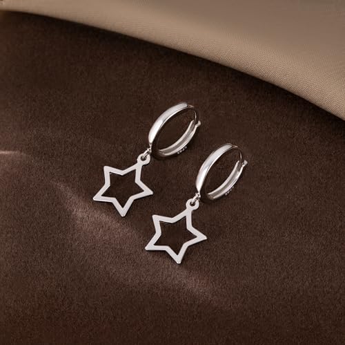 Reffeer Solid 925 Sterling Silver Star Hoop Dangle Earrings for Women Teen Girls Star Drop Earrings Huggie4
