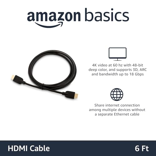 Image of Amazon Basics HDMI Cable, 6ft, 4K@60Hz, High-Speed 4K HDMI 2.0 Cord with Ethernet, 18Gbps, 2160p, 48 bit, Compatible with TV /PS5 /Xbox /Roku /Blu-ray, Black