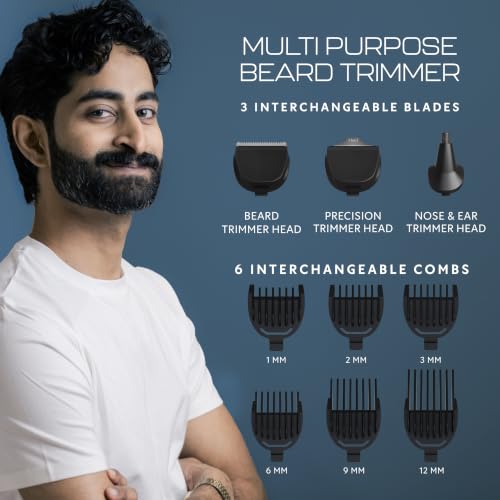 Image of Zlade Jaws Blitz All in One Beard Trimmer for Men | 7 length settings of 0.5mm to 12mm | 3 Interchangeable Heads - Beard Trimmer, Nose & Ear Trimmer, Precision Styling Trimmer | USB-C Fast Charging, 90mins runtime (Black)