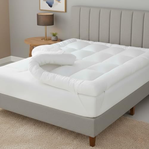 Plush Palace Microfiber Mattress Topper Kingsize Bed – Premium Quilted, 4 Inch/10cm Thick, Hypoallergenic Mattress Topper With Elastic Straps, Machine washable (King 150x200 cm)