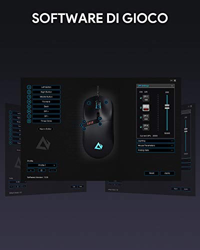AUKEY Knight Mouse da Gioco, Mouse Gaming RGB con 10000 DPI, 8 Pulsanti Programmabili, Effetti di Illuminazione RGB, Macro, Mouse da Gioco Filo con Pulsante di Fuoco per PC e Mac