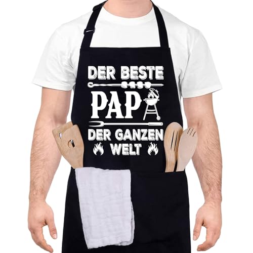 Livdouyu Lustige Kochschürze für Männer Der beste Papa der ganzen Welt Professionelle Grillschürze Chefkoch Ehemann Küchenschürze mit Doppeltasche Verstellbar Vatertag Geburtstagsgeschenk