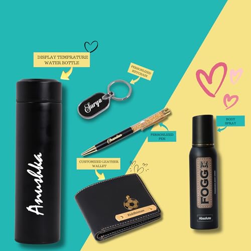 Image of Personalized Name & Charm Leather Mens Wallet Combo | Gifts for Men Husband Boyfriend Staff Employees Clients Colleagues Friend (Wallet,Pen,Keychain,Bottle&BodySpray)