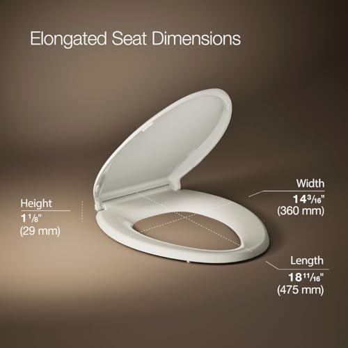 Image of KOHLER 4636-RL-47 Cachet ReadyLatch Elongated Toilet Seat Slow Close, Soft Close Toilet Seat Quiet Lid, Contoured Grip-Tight Bumpers Installation Hardware, Apartment Essentials. Almond