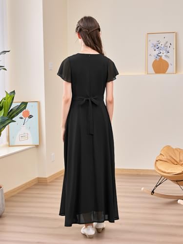 GORLYA Girls Scoop Neck Ruffle Sleeve Vintage Elegant Flowy Wedding Party Long Maxi Chiffon Dress 10-16Y2