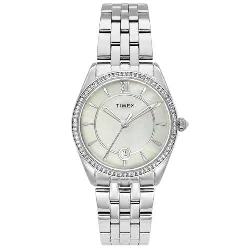 TIMEX Analog Watch for Woman with White Round Dial & Silver Stainless Steel Bracelet Band Water Resistant Women's Wrist Watches - TWEL25100