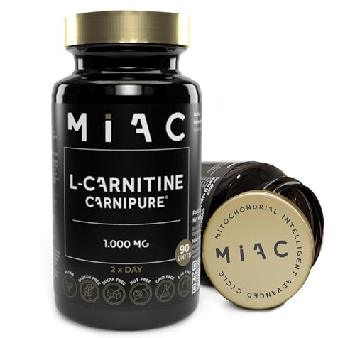 MIAC L Carnitina. Carnipure®. 1000 mg. Quema Grasas. 90 Cápsulas. Suplemento para Rendimiento Físico. Masa Muscular. Ayuda a Reducir Colesterol y Triglicéridos. Vegano y Sin Gluten