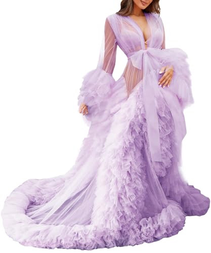 Image of BATHGOWN Sexy Illusion Long Lingerie Tulle Robe Nightgown Bathrobe Sleepwear Bridal Robe Wedding Scarf