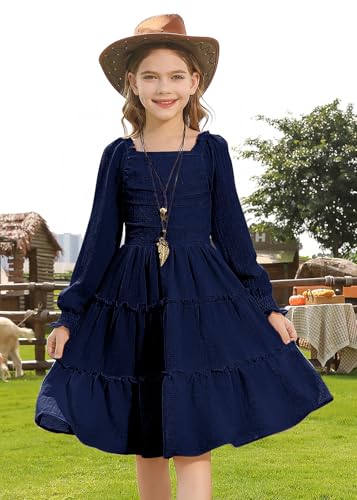 HOZIY Girls Long Sleeve Dress Ruched Smocked Tiered Ruffle A-Line Casual Boho Teen Dresses with Pocket Size 6-16 Years