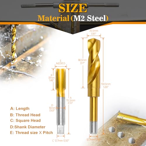 Image of M22x1.5 Tap and 20.5mm Drill Bit Kit, M2 HSS Metric Drill and Tap Set, Combination of Drill and Tap Kit for Metal