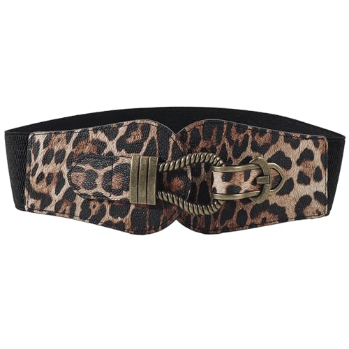 IZUS Women's Retro Stretchy Belt 2.35in Wide Slimming Waist Strap with Bronze Interlock Buckle for Coats/Dresses