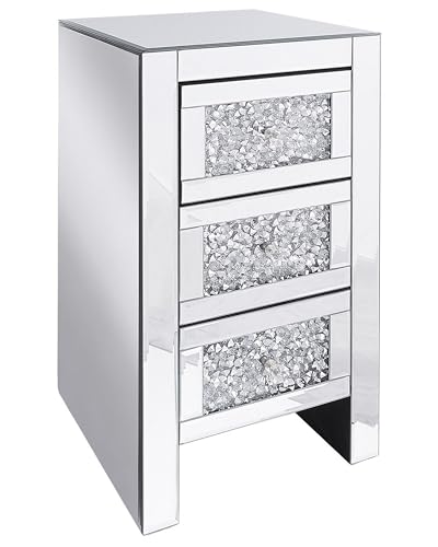 Beliani Moderner Nachttisch Glas 3 Schubladen Kristall Griffe Spiegeleffekt Silber Loray