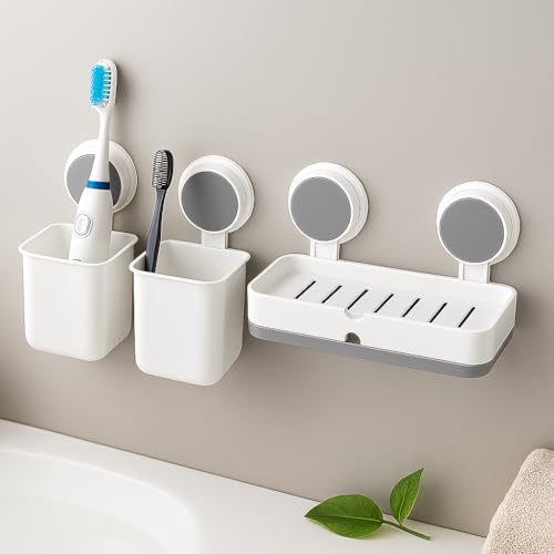 Image of Wall Mounted 2 Toothbrush & 1 Soap Holder, Self Adhesive ABS Storage Box with Drain Tray - No Drill Bathroom Organizer for Toothpaste, Face Wash, Soap, Comb & Sink Essentials