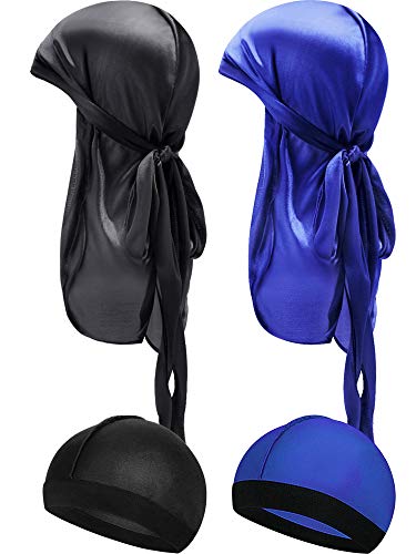 Silky Durag Caps Elastic Wave Cap Long Tail Headscarf Elastic Wide Straps Headwraps for Men (Dark Blue, Black)