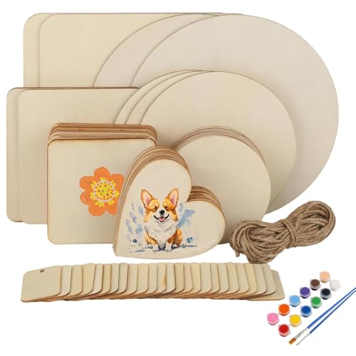 QITIXI:OU 70 Stück Unbehandeltes Holzplatten zum Basteln, Rund Quadratische Herzförmiger Holzscheiben Rohlinge, Holzplatte für Bastelarbeiten, Schreiben, Weihnachten, Ornamente