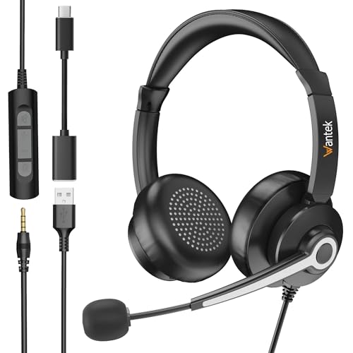 Wantek Auriculares USB con micrófono,USB/USB-C/3,5 mm Jack Cascos 3 en 1 con Cable,Cancelación de Ruido y Control de Volumen para Call Center, Zoom, Skype y Teletrabajo