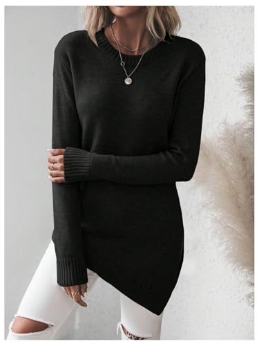Image of GORGLITTER Women's Split Asymmetrical Hem Sweater Long Sleeve Crewneck Knit Pullover Tops Black Small